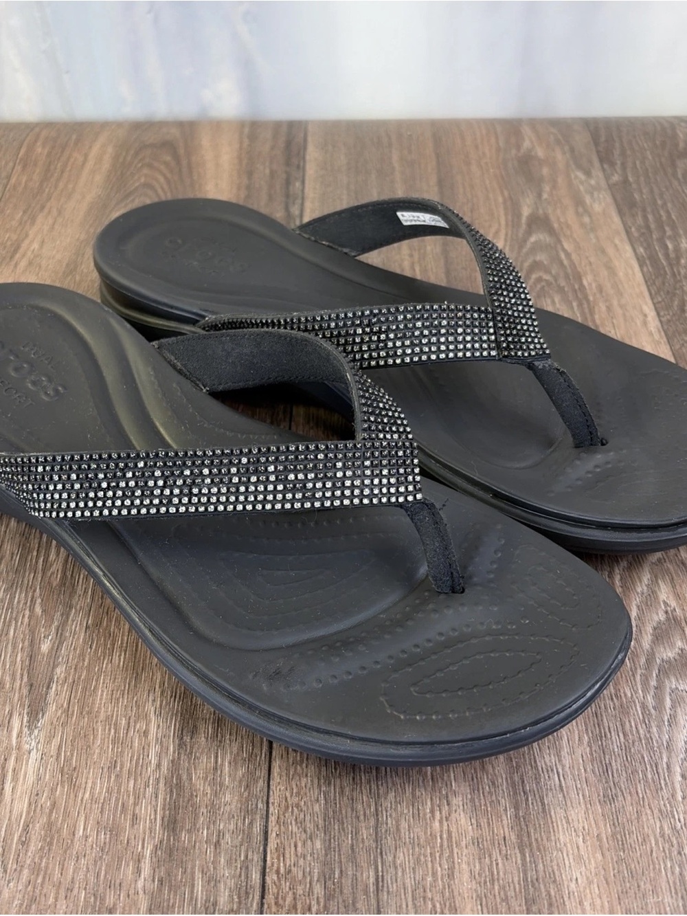 Crocs Dual Comfort Capri V Diamante Flip Flop Sz 11 Black Comfy Outdoor Beach